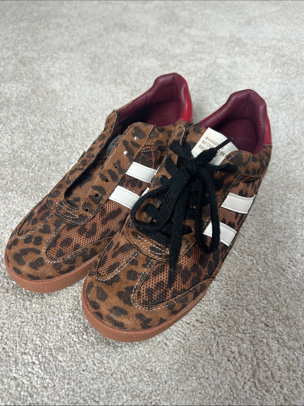 Steve Madden Women’s Leopard Print Sneakers with White Stripes and Burgundy
